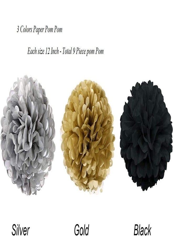 Theme My Party Happy Birthday Banner, Birthday Bunting Paper Garland with 9pcs Tissue Paper Pom Poms and 20pcs Balloons for Birthday Party Decorations - Black, Gold and Silver - Image 2